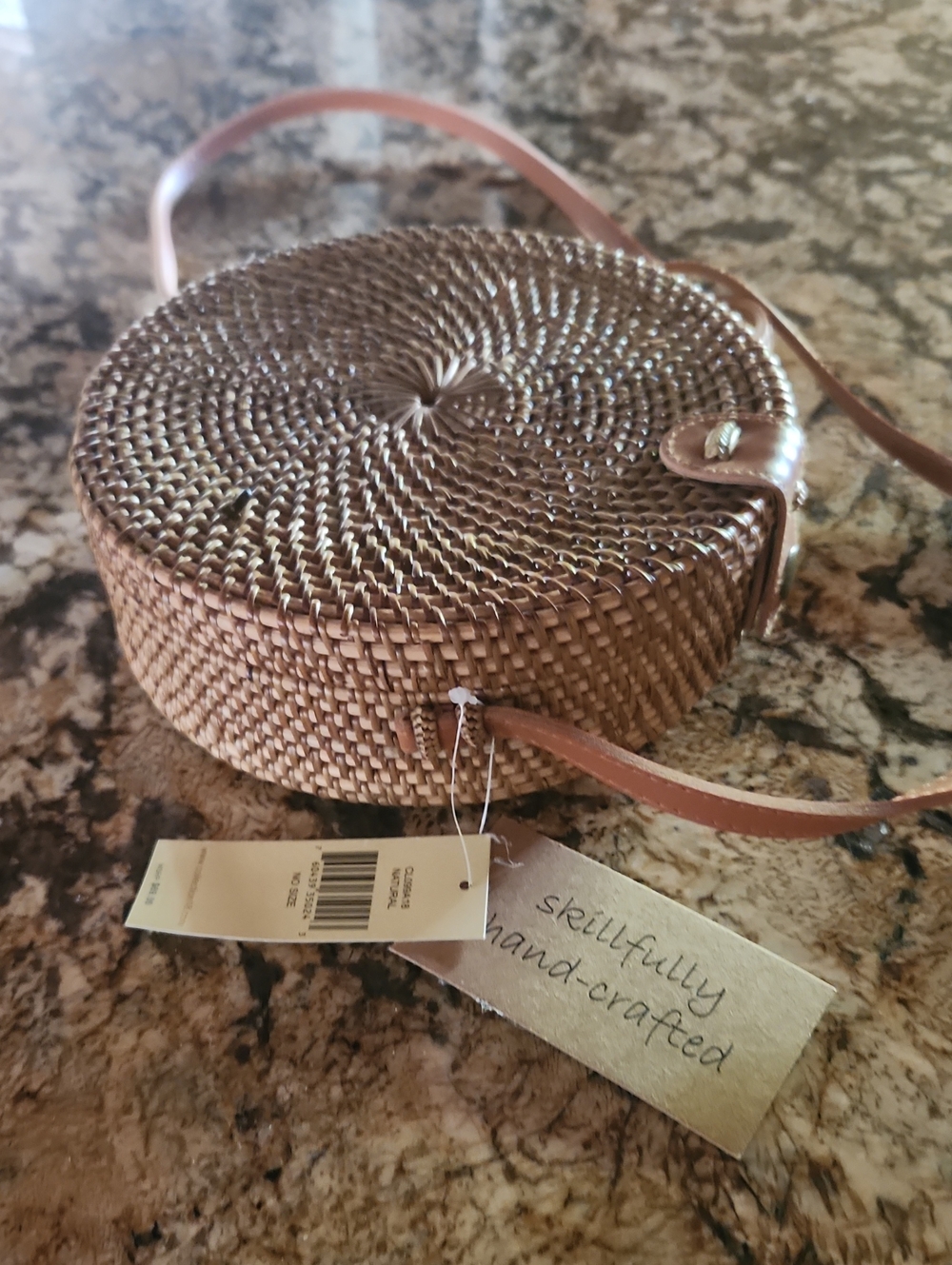 Handcrafted Round Woven Crossbody Bag - Brown Leather Strap